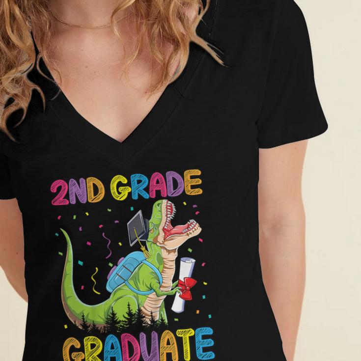 Kids 2nd Grade Graduate Dinosaur Trex 2nd Grade Graduation Women's Jersey Short Sleeve Deep V-Neck Tshirt