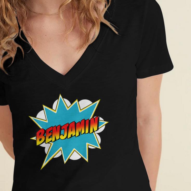 Kids Boys Benjamin Name Personalized Superhero Comic Book Women's Jersey Short Sleeve Deep V-Neck Tshirt
