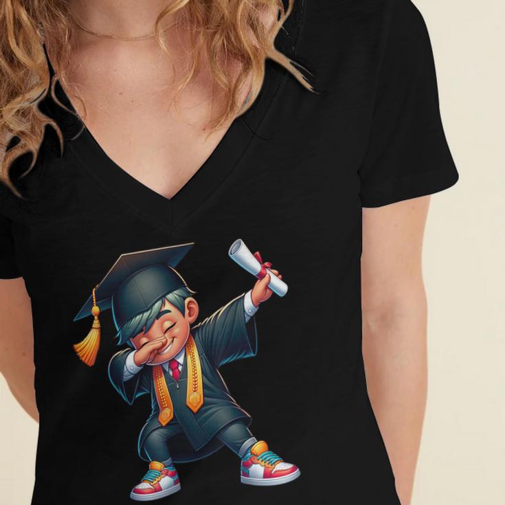 Kids Boys Grad Dabbing Graduation Class Of 2025 Women's Jersey Short Sleeve Deep V-Neck Tshirt