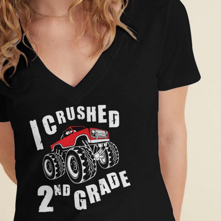 Kids I Crushed 2nd Grade Monster Truck School Graduation Women's Jersey Short Sleeve Deep V-Neck Tshirt