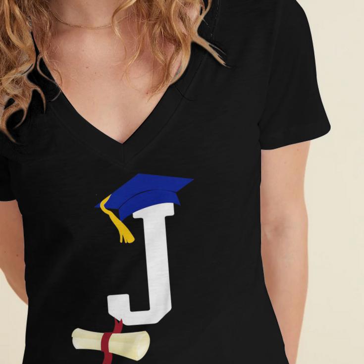 Kids Initial J Letter For Boys Preschool Graduation Kindergarten Women's Jersey Short Sleeve Deep V-Neck Tshirt