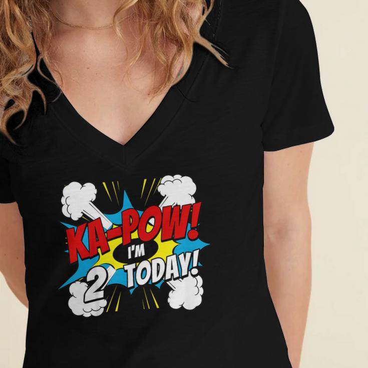 Kids Ka-Pow 2 Years Old Kids 2nd Birthday Comic Book Super Hero Women's Jersey Short Sleeve Deep V-Neck Tshirt Kids Ka-Pow 2 Years Old Kids 2nd Birthday Comic Book Super Hero Women's Jersey Short Sleeve Deep V-Neck Tshirt