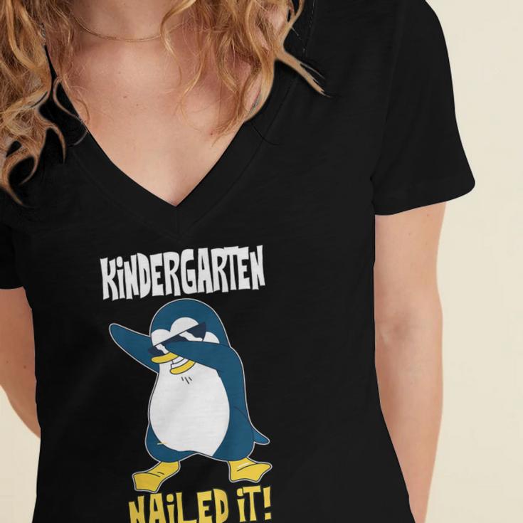 Kids Kindergarten Dabbing Penguin Nailed It Graduation Class 2021 Women's Jersey Short Sleeve Deep V-Neck Tshirt