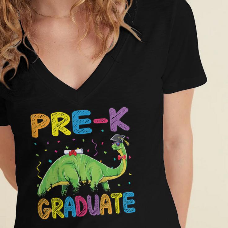 Kids Pre-K Graduate Brontosaurus Dino Pre Kindergarten Graduation Women's Jersey Short Sleeve Deep V-Neck Tshirt