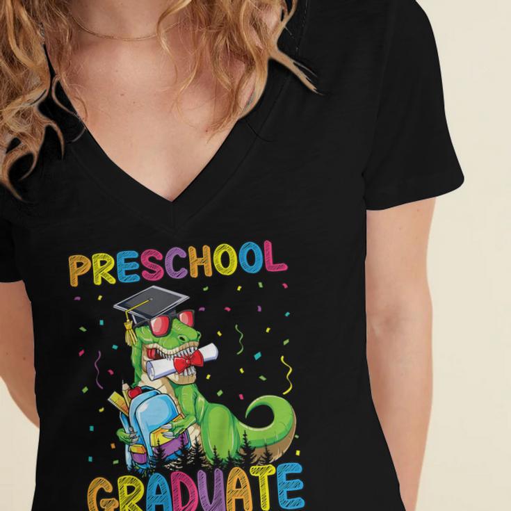 Kids Preschool Graduate T-Rex Dinosaur Preschool Graduation Women's Jersey Short Sleeve Deep V-Neck Tshirt