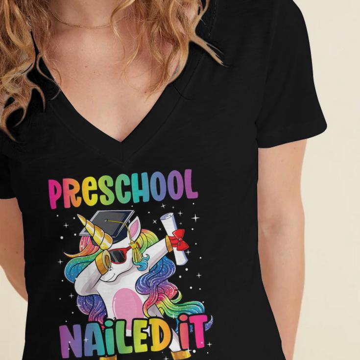 Kids Preschool Graduate Unicorn Nailed It Preschool Graduation Women's Jersey Short Sleeve Deep V-Neck Tshirt