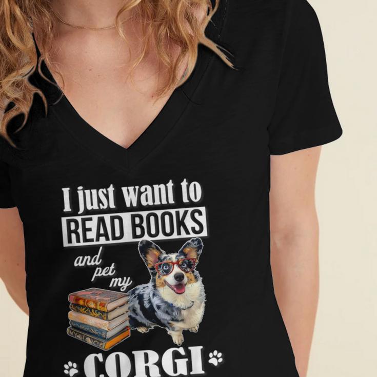 Kids Read Books & Pet My Blue Merle Corgi Lover Women's Jersey Short Sleeve Deep V-Neck Tshirt