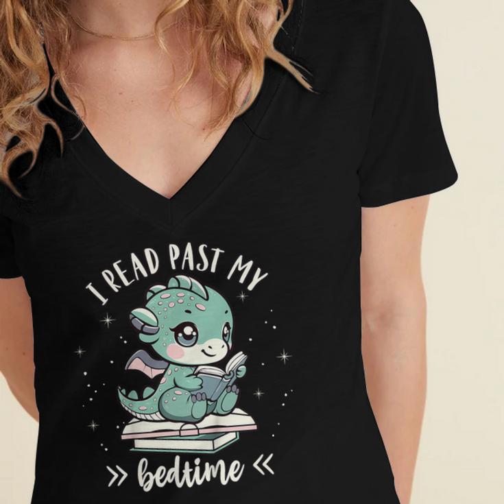 Kids I Read Past My Bedtime Cute Book Dragon Pajama Women's Jersey Short Sleeve Deep V-Neck Tshirt