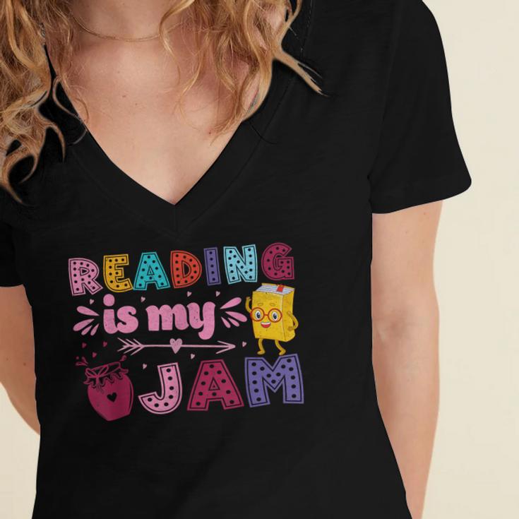 Kids Reading Book Lover Reading Is My Jam Women's Jersey Short Sleeve Deep V-Neck Tshirt Kids Reading Book Lover Reading Is My Jam Women's Jersey Short Sleeve Deep V-Neck Tshirt