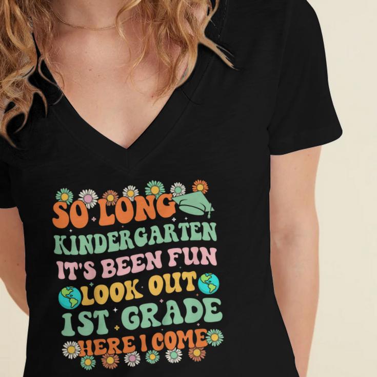 Kids So Long Kindergarten 1st Grade Here I Come Graduation Groovy Women's Jersey Short Sleeve Deep V-Neck Tshirt