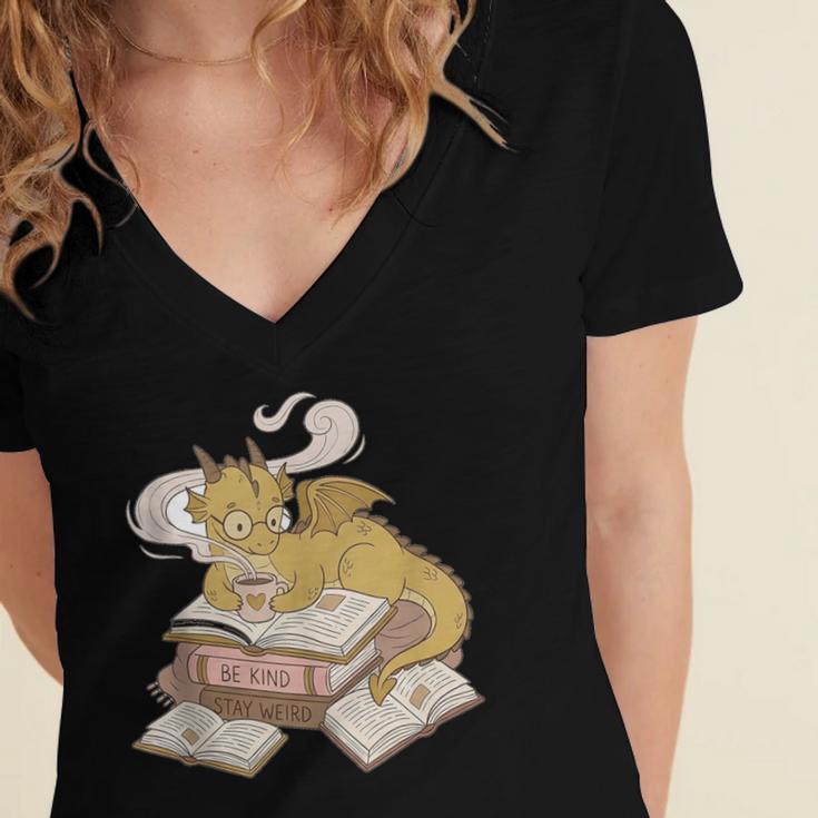 Be Kind Stay Weird Read Books Cute Dragon Women's Jersey Short Sleeve Deep V-Neck Tshirt Be Kind Stay Weird Read Books Cute Dragon Women's Jersey Short Sleeve Deep V-Neck Tshirt