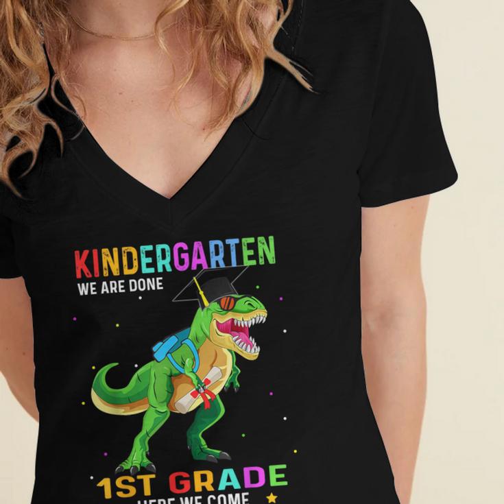 Kindergarten Graduation 1st Here We Come Class 2023 Dinosaur Women's Jersey Short Sleeve Deep V-Neck Tshirt