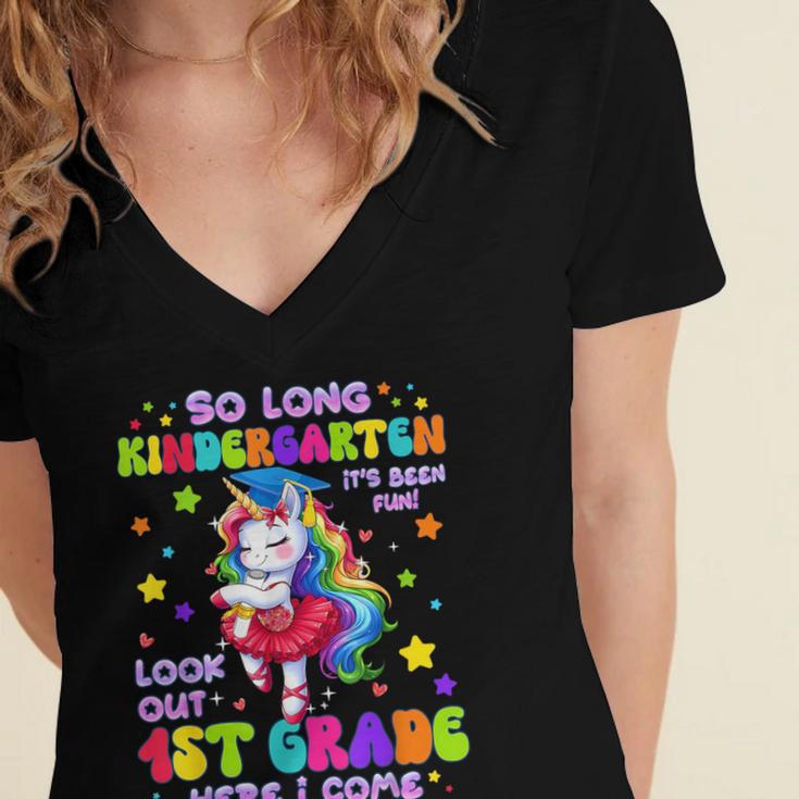 Kindergarten Graduation 2025 Graduate Girls Unicorn 1st Grad Women's Jersey Short Sleeve Deep V-Neck Tshirt