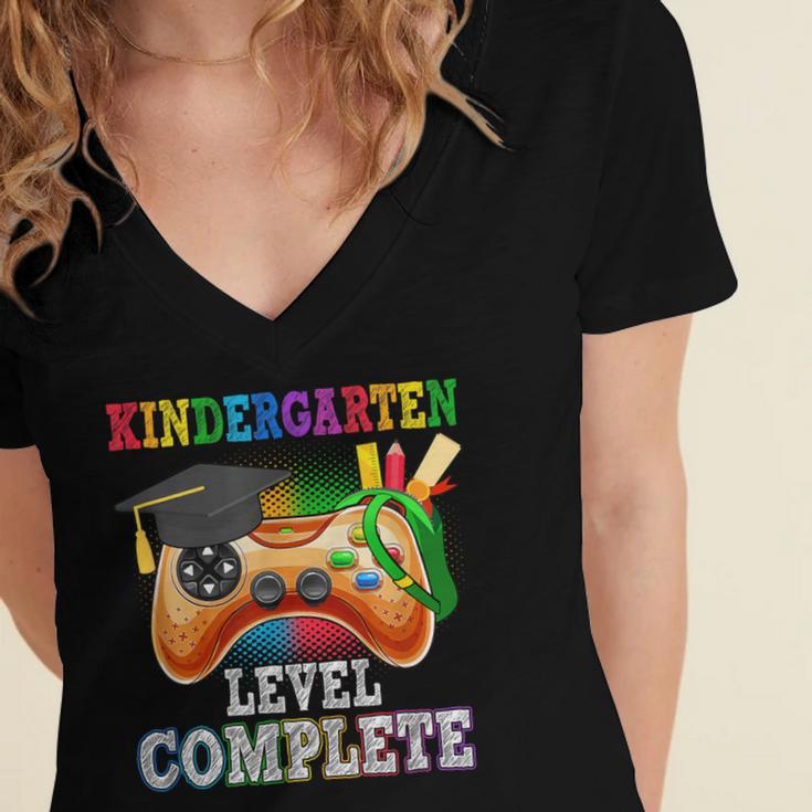 Kindergarten Level Complete Last Day Of School Graduation Women's Jersey Short Sleeve Deep V-Neck Tshirt