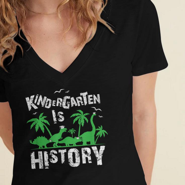 Kindergarten Is History Dinosaur Graduation Women's Jersey Short Sleeve Deep V-Neck Tshirt
