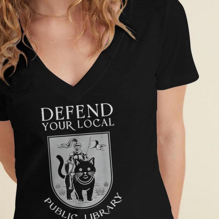 Knight Cat Defend Your Public Library Book Lover Women's Jersey Short Sleeve Deep V-Neck Tshirt Knight Cat Defend Your Public Library Book Lover Women's Jersey Short Sleeve Deep V-Neck Tshirt