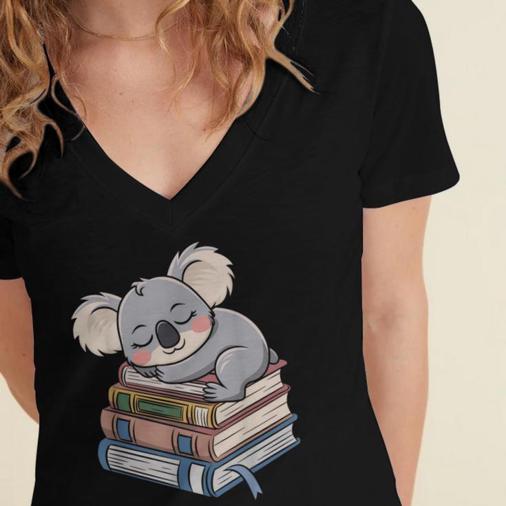 Koala Reading Book Pajama Sleep Women's Jersey Short Sleeve Deep V-Neck Tshirt