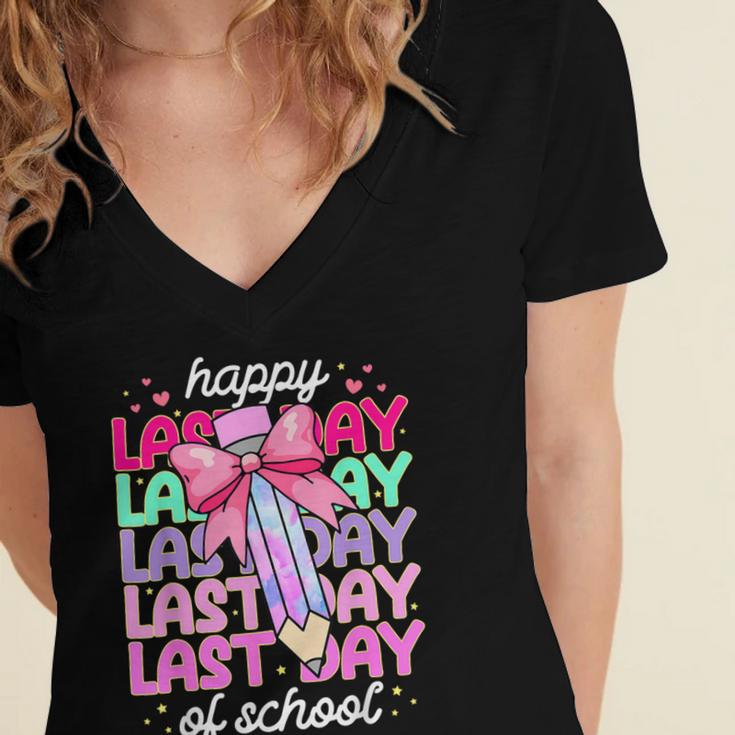 Last Day Of School Shirt Coquette Bow School Graduation Women's Jersey Short Sleeve Deep V-Neck Tshirt