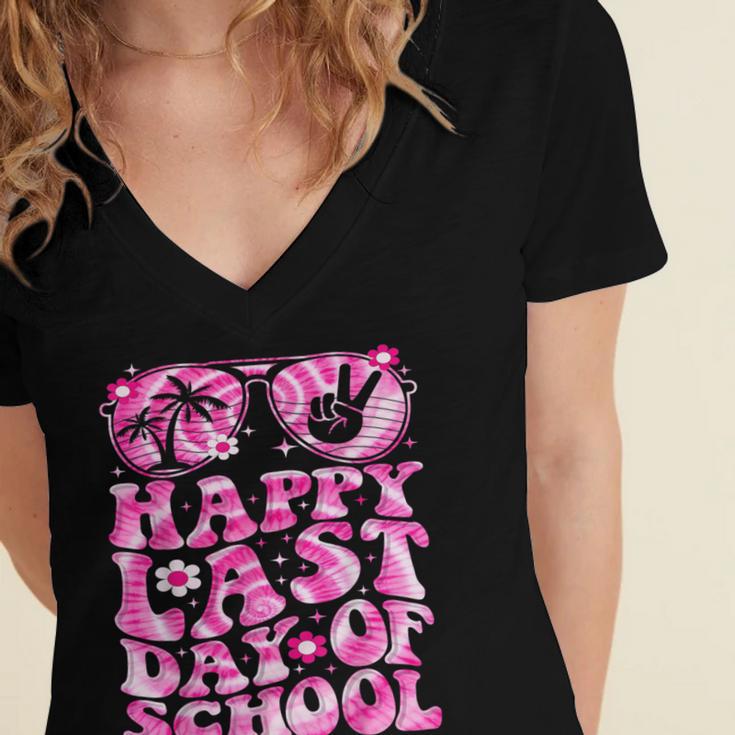 Last Day Of School Teacher Students School Graduation Groovy Women's Jersey Short Sleeve Deep V-Neck Tshirt