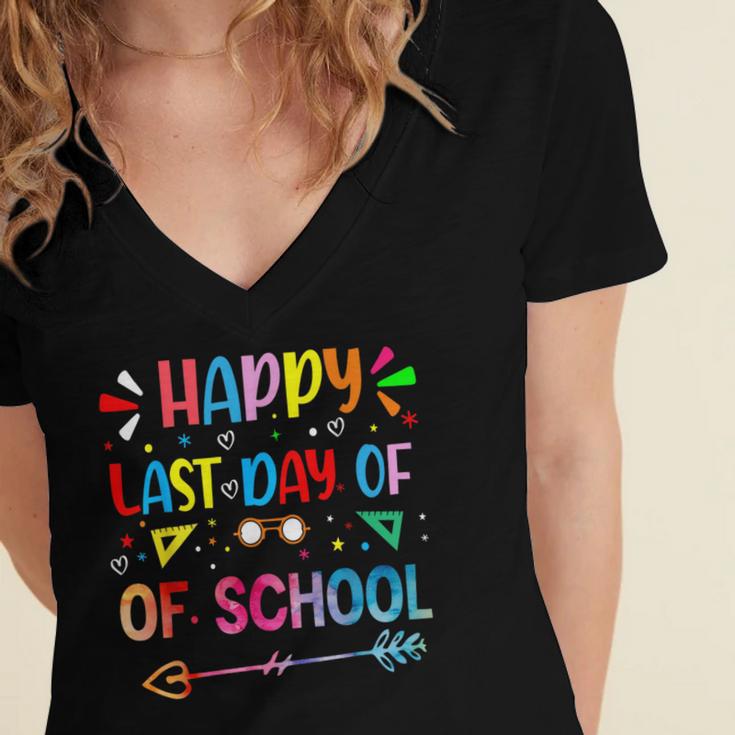 Last Day Of School Tie Dye School Graduation Summer Teacher Women's Jersey Short Sleeve Deep V-Neck Tshirt