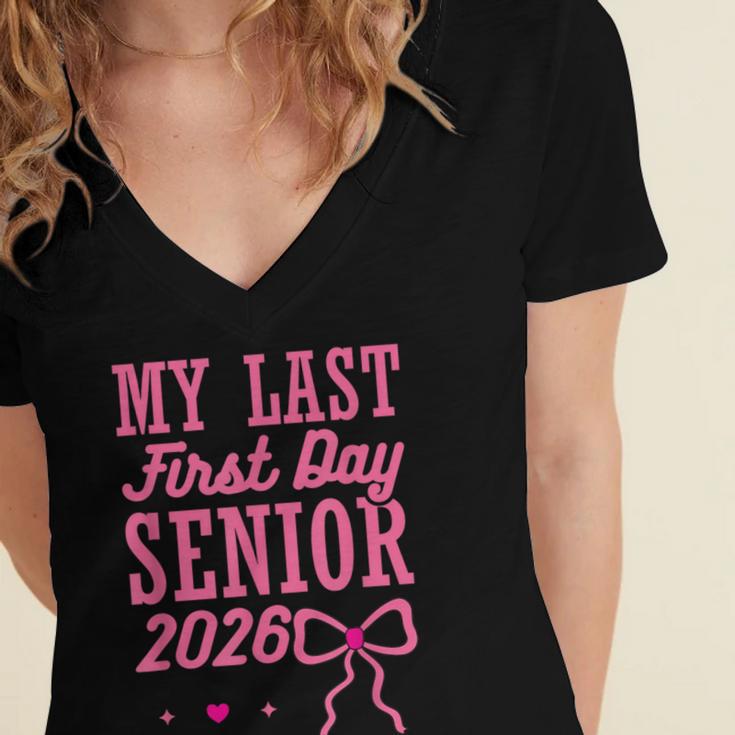 My Last First Day Senior 2026 Coquette Pink Bow Graduation Women's Jersey Short Sleeve Deep V-Neck Tshirt