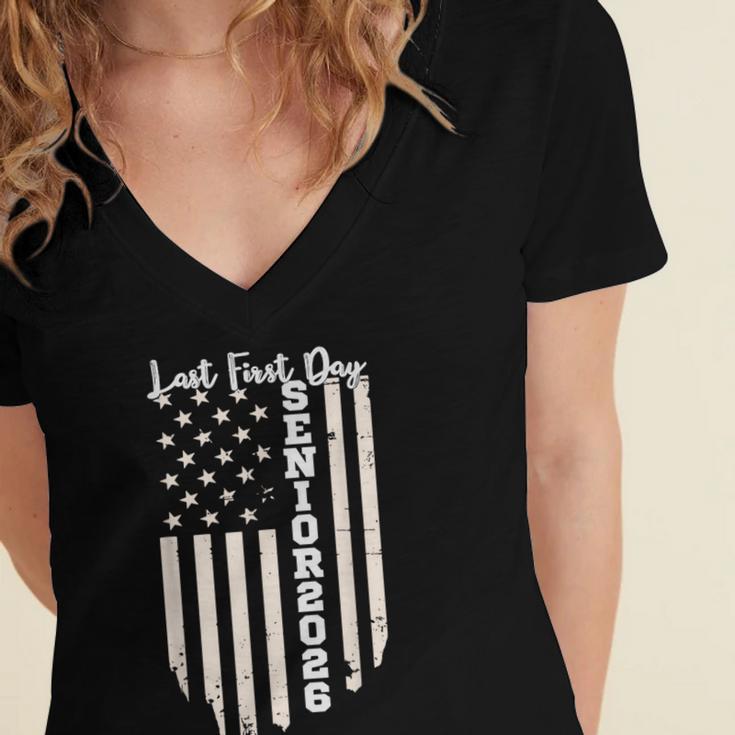 Last First Day Senior 2026 USA Flag Graduation Class Of 2026 Women's Jersey Short Sleeve Deep V-Neck Tshirt