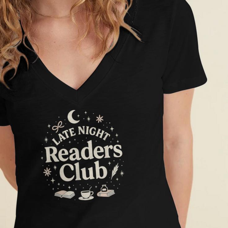 Late Night Readers Club Moon & Stars Book Lover Women's Jersey Short Sleeve Deep V-Neck Tshirt