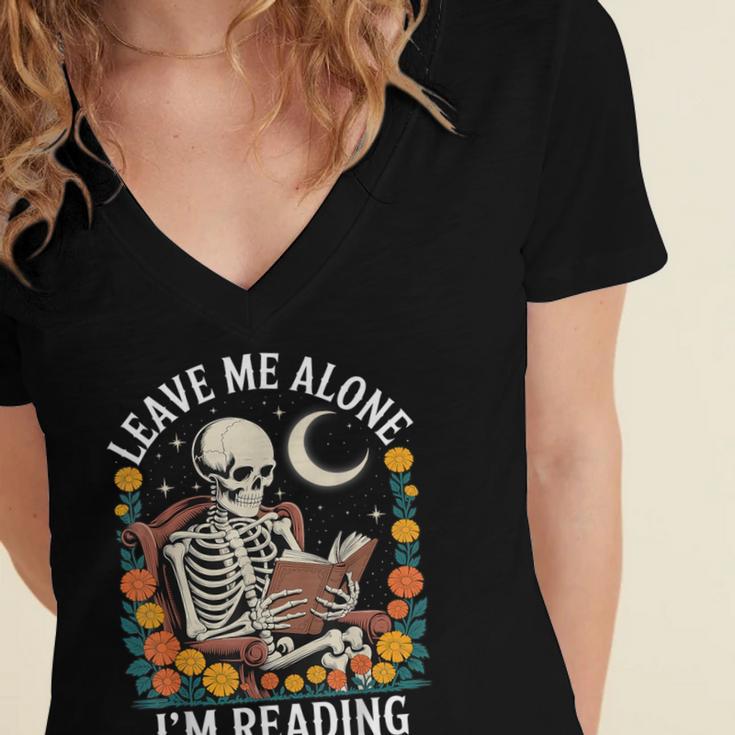 Leave Me Alone Skeleton Reading Book Floral Moon Librarian Women's Jersey Short Sleeve Deep V-Neck Tshirt