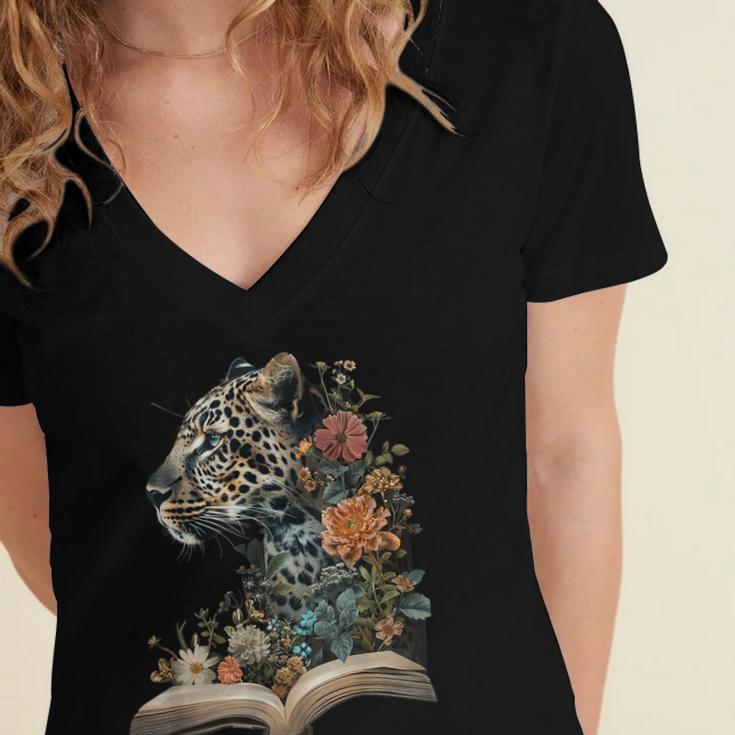 Leopard Book Flower Women's Jersey Short Sleeve Deep V-Neck Tshirt