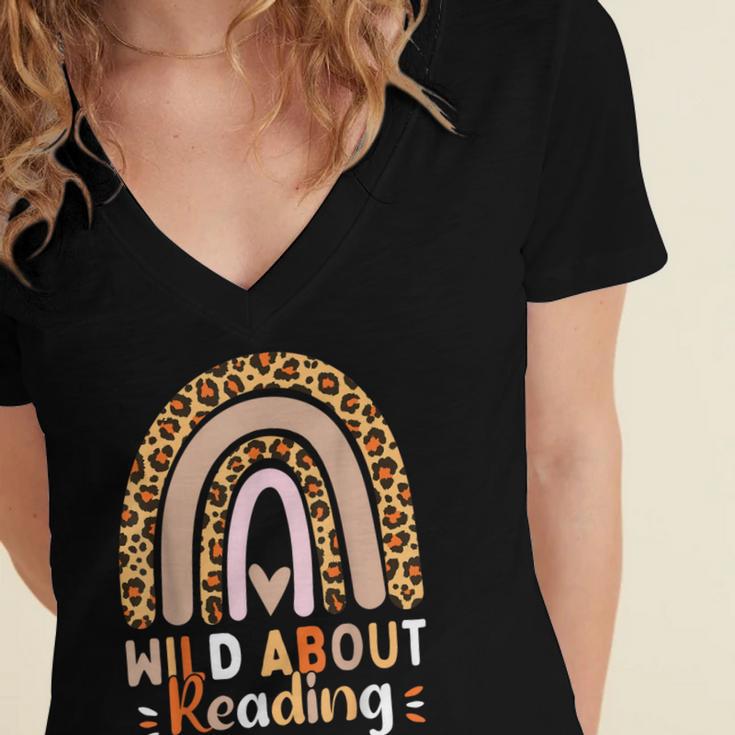Leopard Teacher Wild About Reading Books Reader Librarian Women's Jersey Short Sleeve Deep V-Neck Tshirt