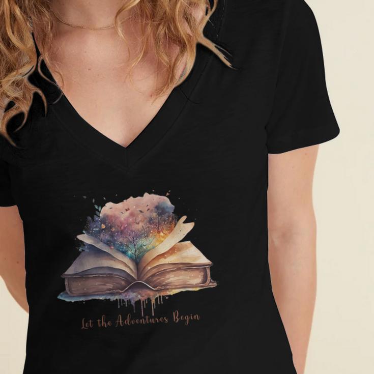 Let The Adventures Begin Book Lovers Magical Whimsical Art Women's Jersey Short Sleeve Deep V-Neck Tshirt Let The Adventures Begin Book Lovers Magical Whimsical Art Women's Jersey Short Sleeve Deep V-Neck Tshirt