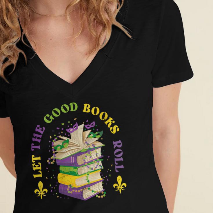 Let The Good Books Roll Mardi Gras Reading Women's Jersey Short Sleeve Deep V-Neck Tshirt