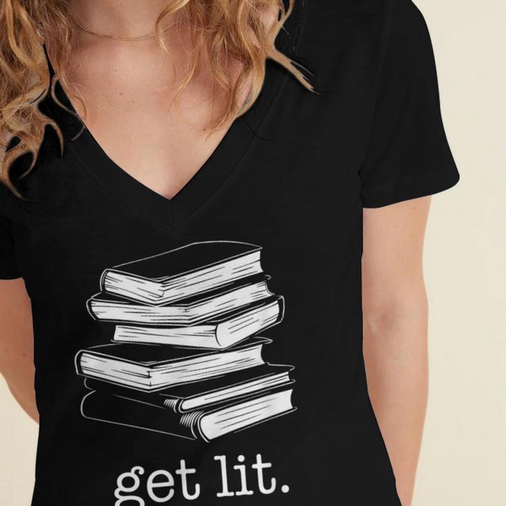 Let's Get Lit Books Women's Jersey Short Sleeve Deep V-Neck Tshirt