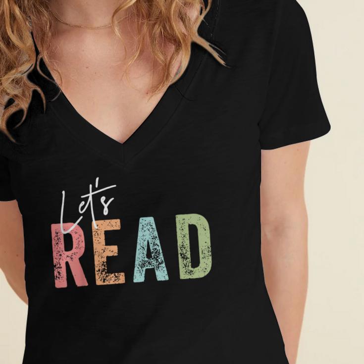 Let's Read Book Nerd Reading Book Lover Librarian Teacher Women's Jersey Short Sleeve Deep V-Neck Tshirt