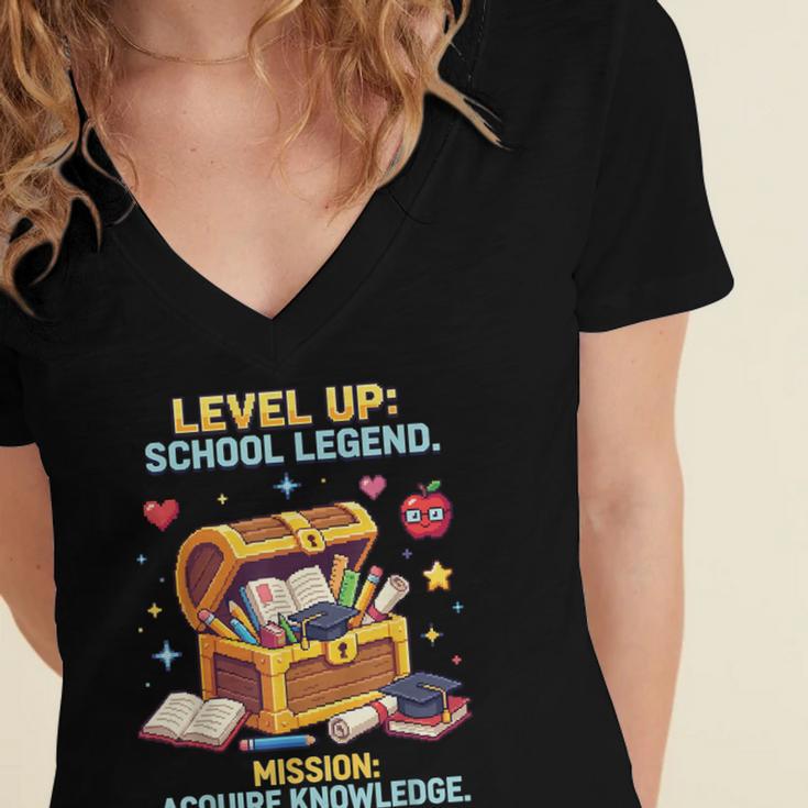 Level Up School Legend Video Game Pixel Art Graduation Women's Jersey Short Sleeve Deep V-Neck Tshirt