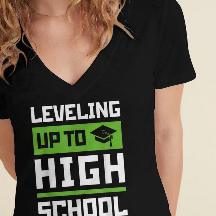 Leveling Up To High School Tee Shirt Gaming Graduation Women's Jersey Short Sleeve Deep V-Neck Tshirt