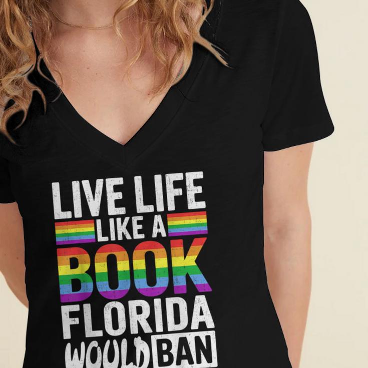 LGBTQ Quote Live Life Like A Banned Rainbow Book Women's Jersey Short Sleeve Deep V-Neck Tshirt LGBTQ Quote Live Life Like A Banned Rainbow Book Women's Jersey Short Sleeve Deep V-Neck Tshirt