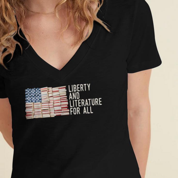 Liberty And Literature For All Reading USA Book Lover Women's Jersey Short Sleeve Deep V-Neck Tshirt