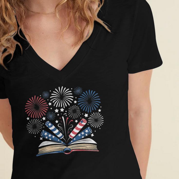 Librarian 4th July Book Lover Bookworm Patriotic Books Women's Jersey Short Sleeve Deep V-Neck Tshirt