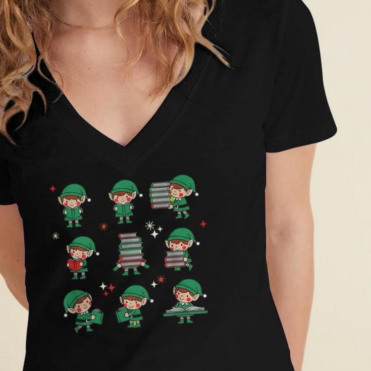 Librarian Book Lover Christmas Elf Reading Joy Women's Jersey Short Sleeve Deep V-Neck Tshirt