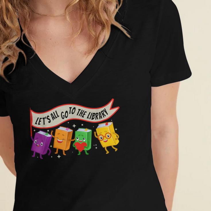 Librarian Let's All Go To The Library Cute Groovy Book Lover Women's Jersey Short Sleeve Deep V-Neck Tshirt