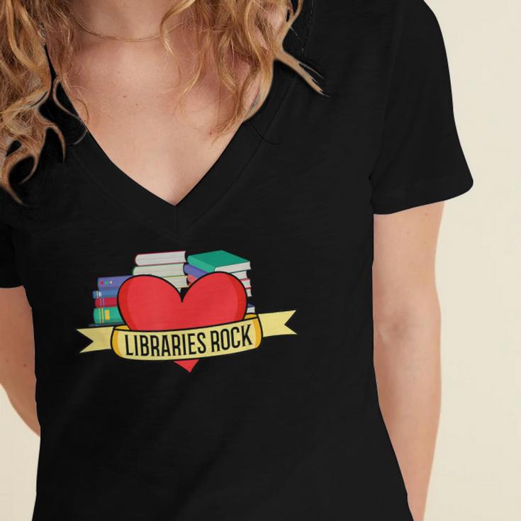 Librarian Library Assistant Libraries Rock Book Lover Women's Jersey Short Sleeve Deep V-Neck Tshirt