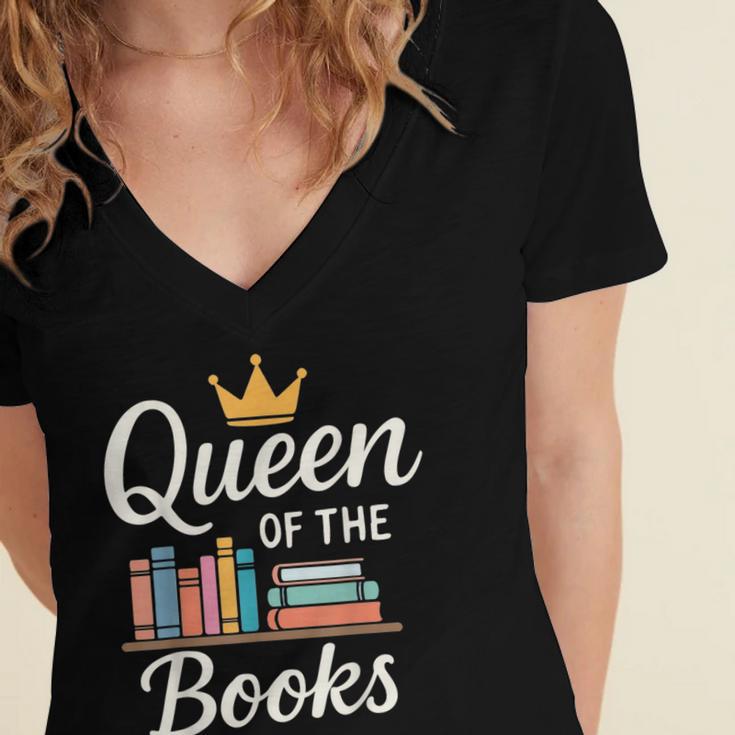 Librarian Queen Of The Books Book Reading Library Women's Jersey Short Sleeve Deep V-Neck Tshirt