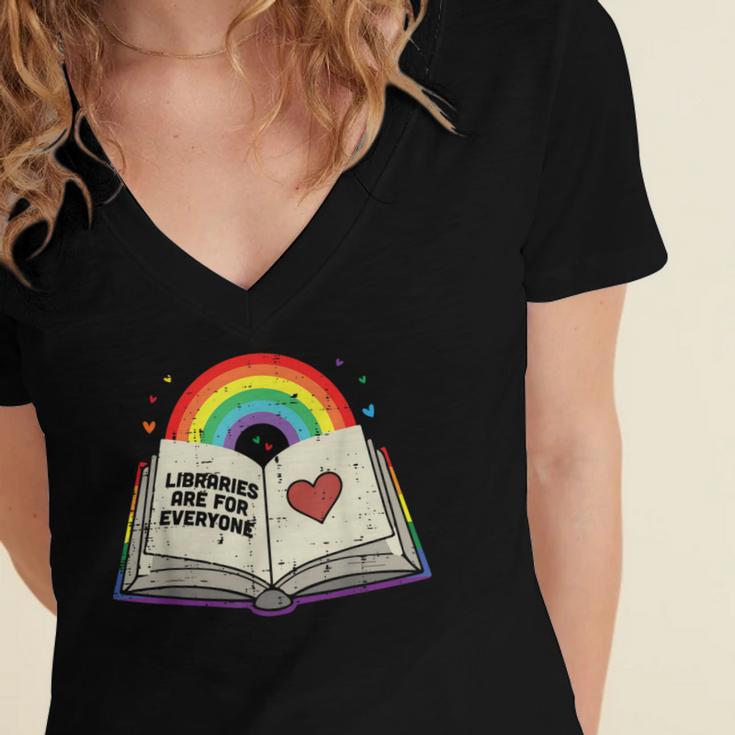 Libraries Are For Everyone Book LGBTQ Ally Gay Pride Month Women's Jersey Short Sleeve Deep V-Neck Tshirt