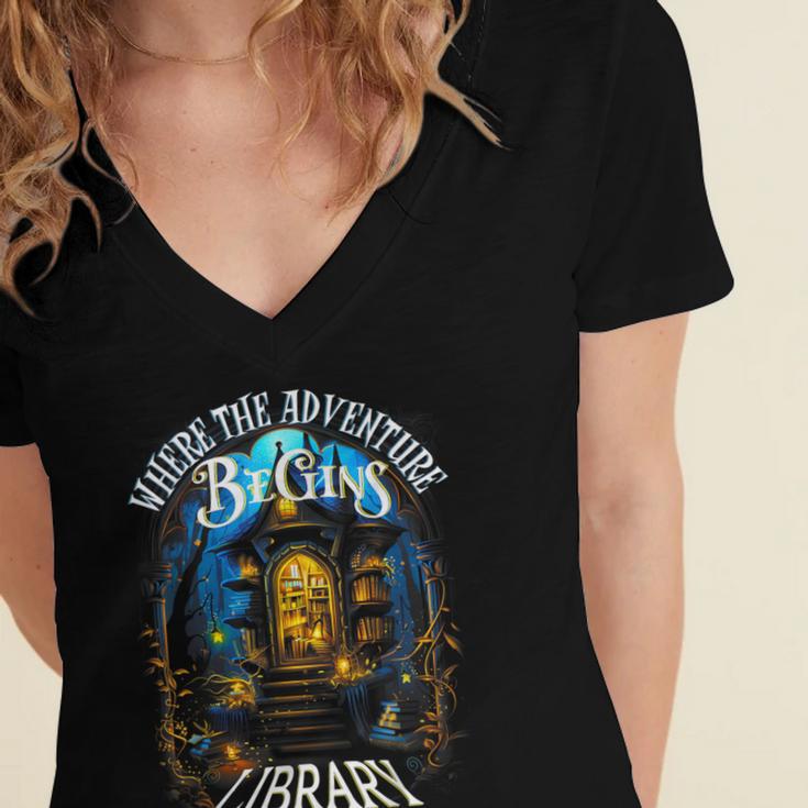 Library Where The Adventure Begins Book Reading Quote Women's Jersey Short Sleeve Deep V-Neck Tshirt