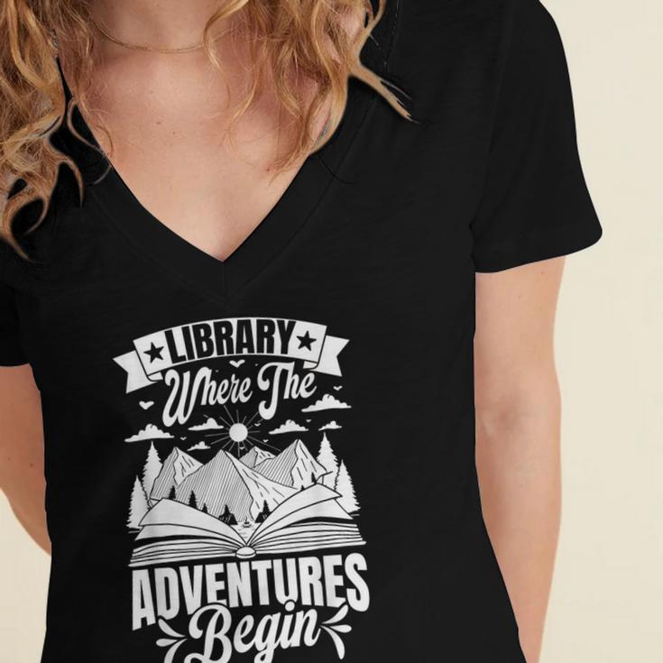 Library Where The Adventures Begin Librarian Book Readers Women's Jersey Short Sleeve Deep V-Neck Tshirt