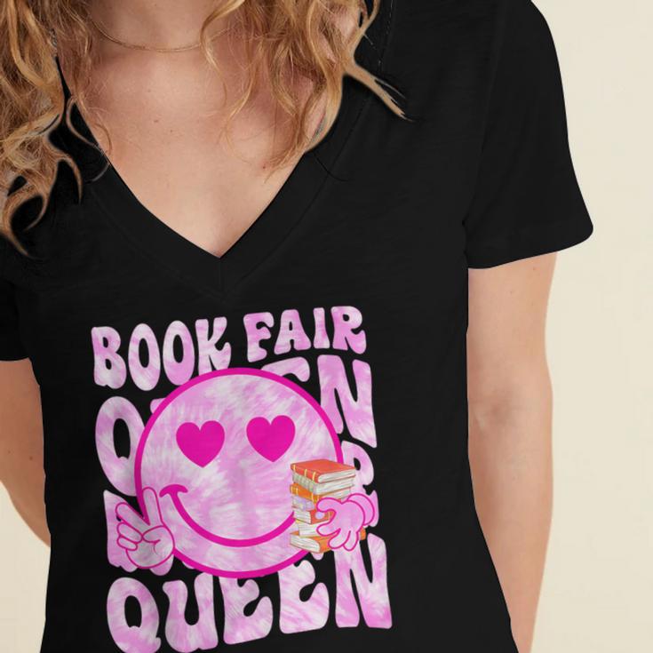 Library Book Fair Queen Vibe Groovy Tie Dye School Reading Women's Jersey Short Sleeve Deep V-Neck Tshirt Library Book Fair Queen Vibe Groovy Tie Dye School Reading Women's Jersey Short Sleeve Deep V-Neck Tshirt
