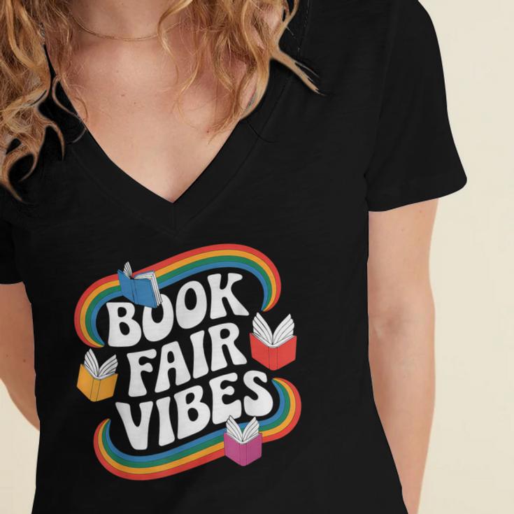 Library Book Fair Vibe Groovy Retro School Reading Nostalgic Women's Jersey Short Sleeve Deep V-Neck Tshirt