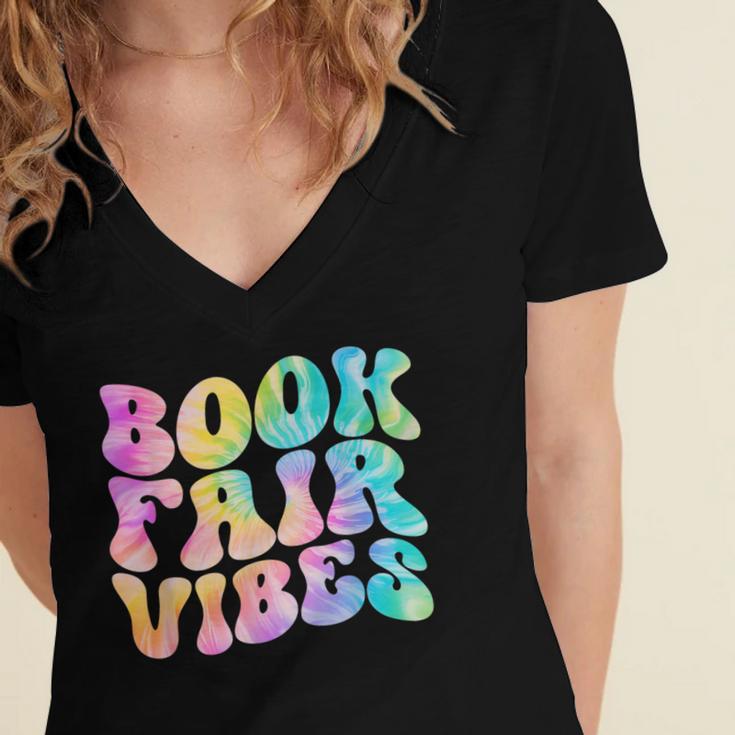 Library Book Fair Vibe Tie Dye School Reading Nostalgic Women's Jersey Short Sleeve Deep V-Neck Tshirt Library Book Fair Vibe Tie Dye School Reading Nostalgic Women's Jersey Short Sleeve Deep V-Neck Tshirt