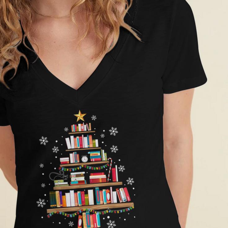 Library Books Christmas Tree Teacher Xmas Snowflake Women's Jersey Short Sleeve Deep V-Neck Tshirt